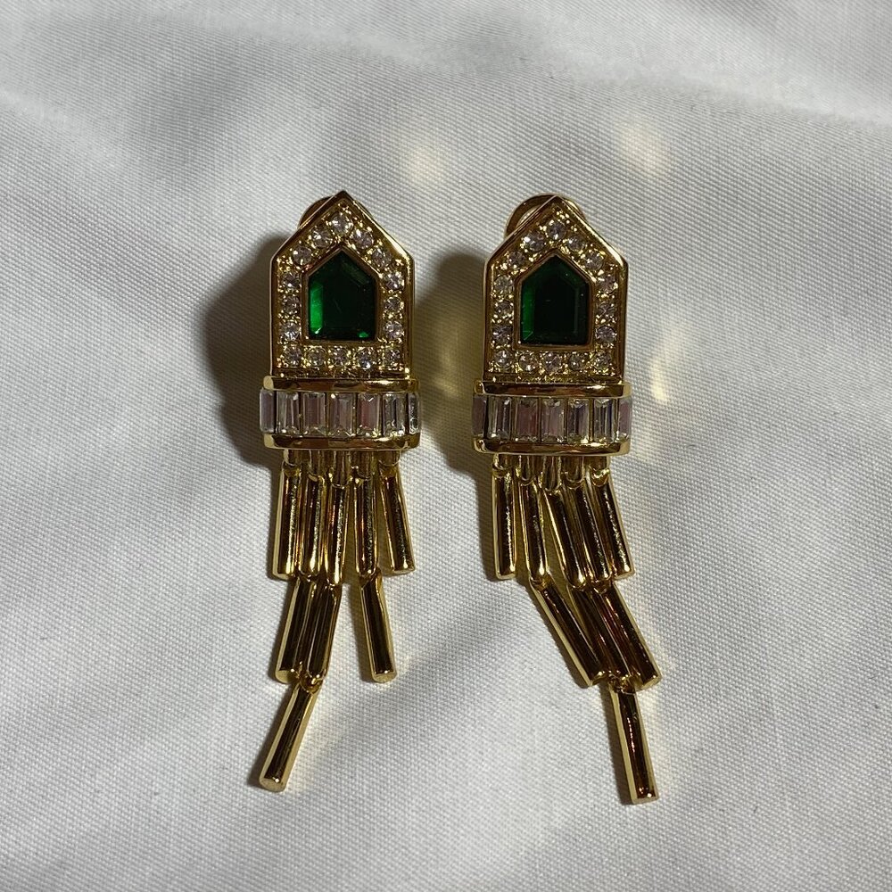 Rachel Zoe Gold Chandelier Statement Earrings Emerald & Clear Swarovski crystals
